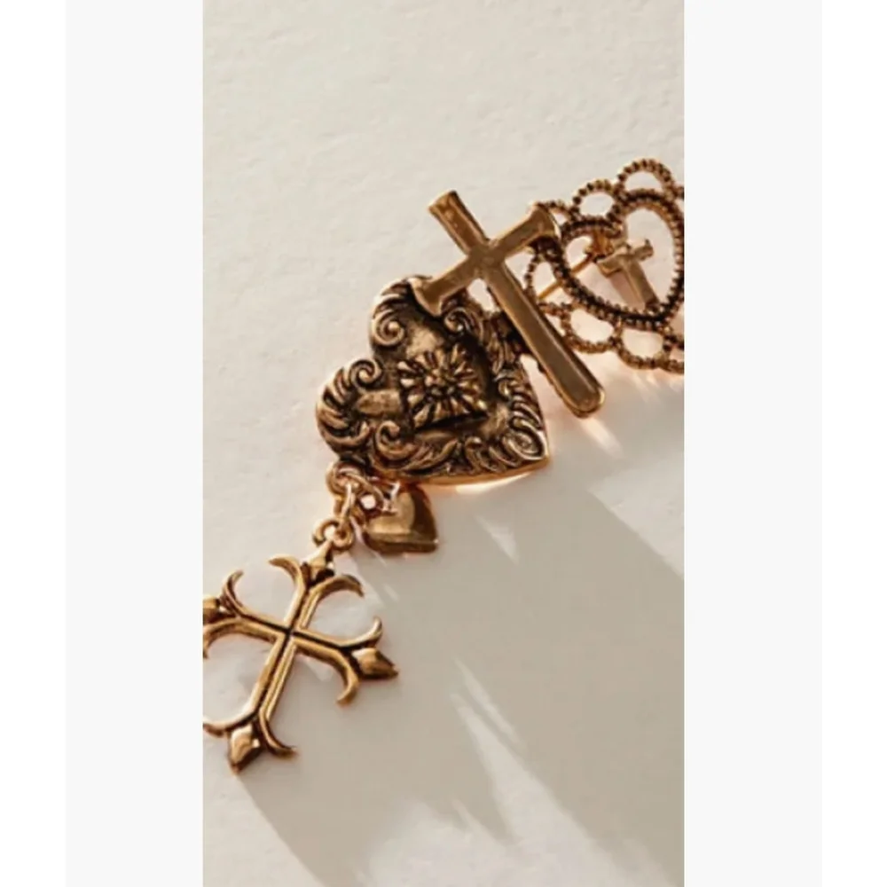 FREE PEOPLE Harmony Brooch Heart Cross Charms Gold Tone Pin NWT